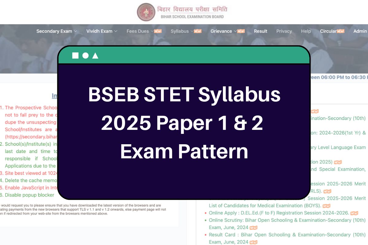 BSEB STET Syllabus 2025: secondary.biharboardonline.com Paper 1 & 2 Exam Pattern